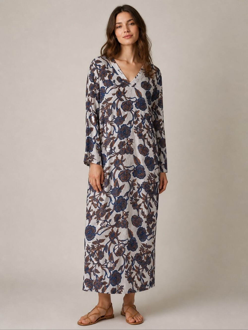 120% Lino Floral V-Neck Maxi Linen Dress in White with Blue & Brown Print